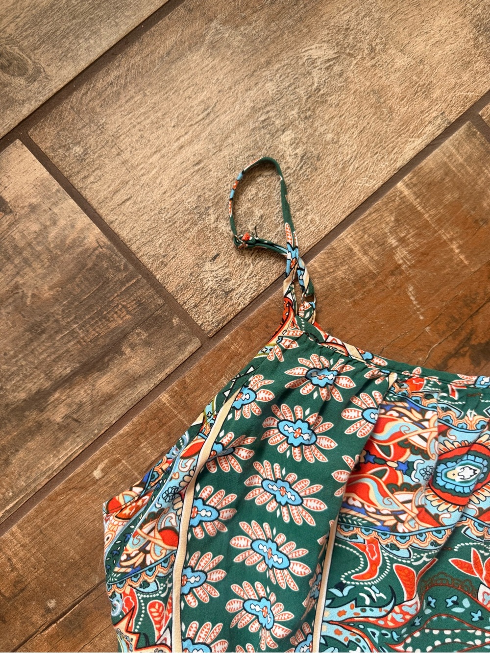 Green Floral Print Mini Dress with Orange Accents - Picture 4 of 9